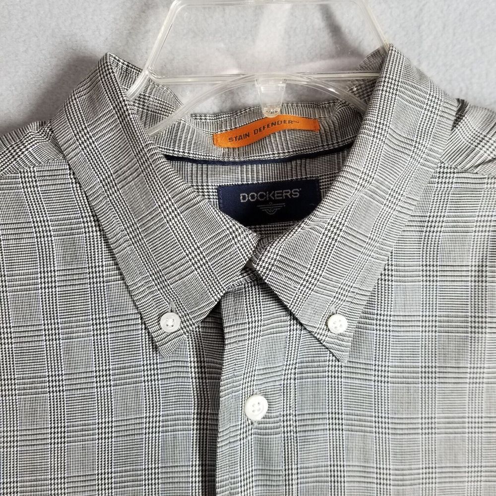 Dockers Men's Large Shirt Houndstooth‎ Long Sleeve Button Up No Wrinkles Black